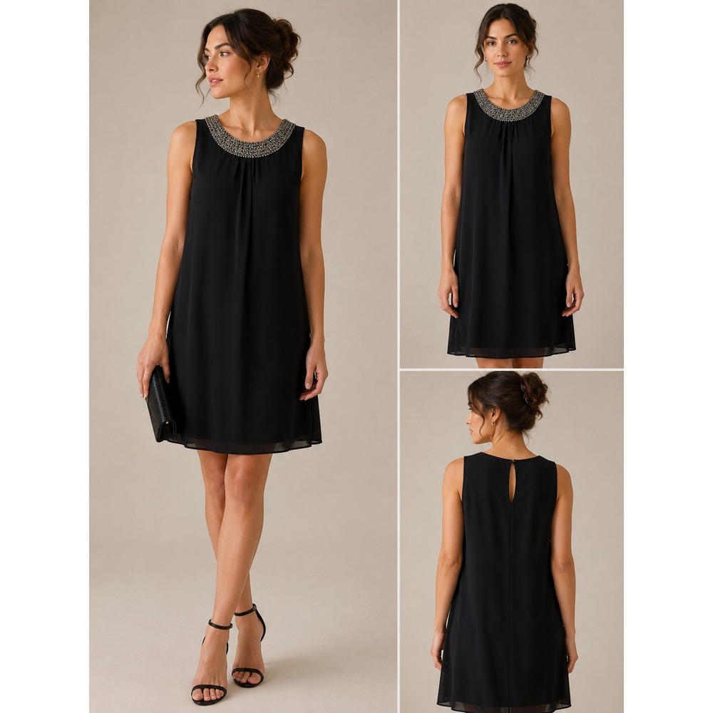 Joseph Ribkoff Dress Women 8 Black Beaded Neck Sleeveless Shift Cocktail Party
